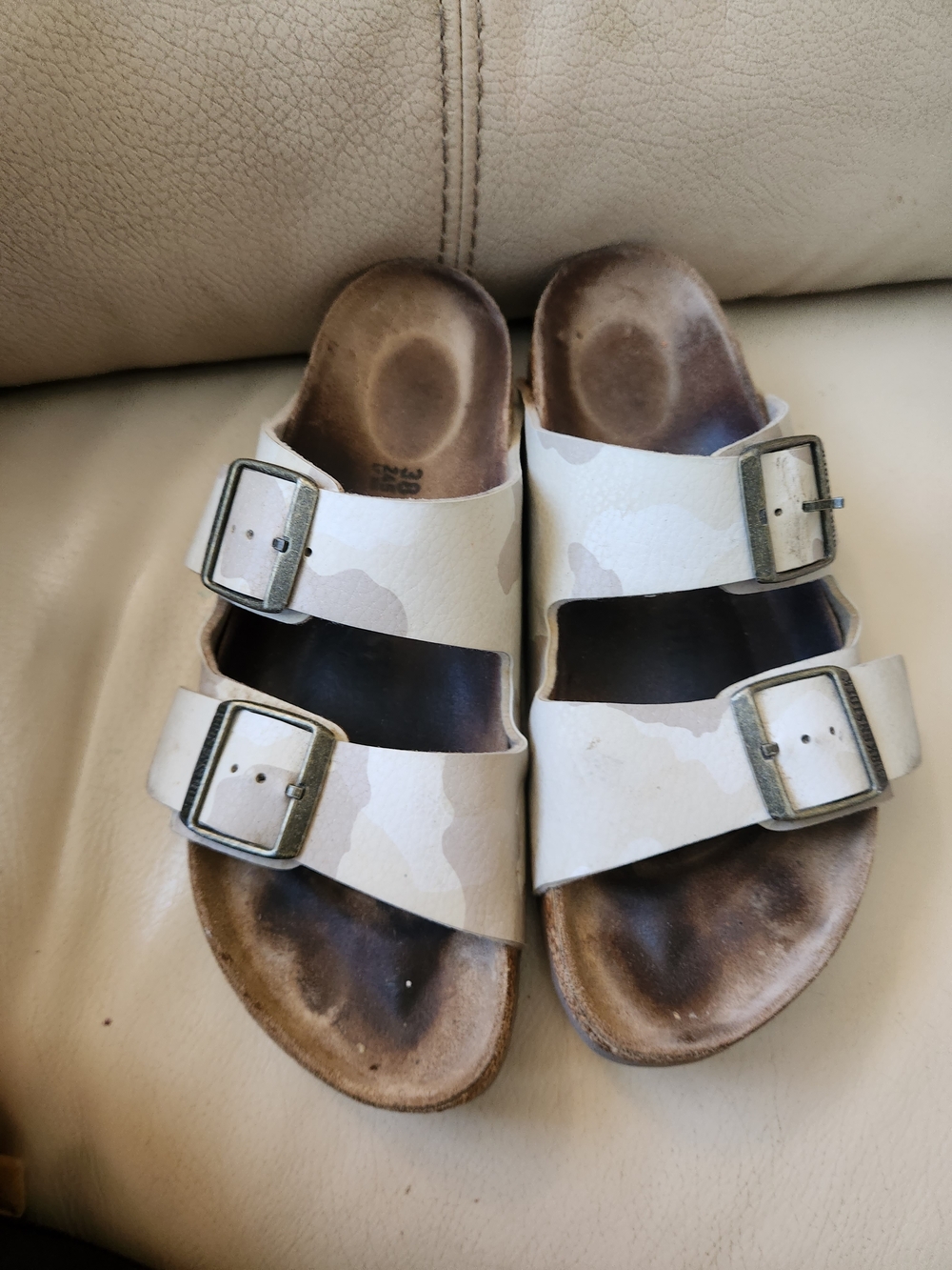 Birkenstock White Camouflage Double Buckle Slide Sandals